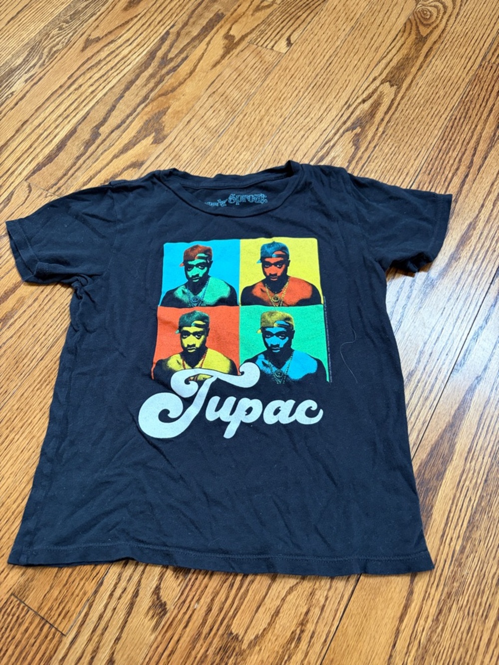 Rowdy Sprout Black Tee with Teal, Yellow, Orange, Red Pop-Art Tupac